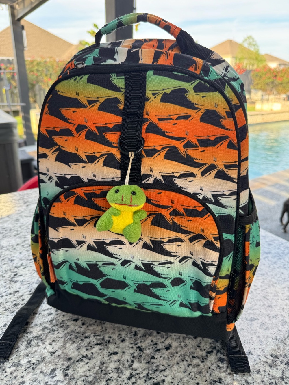 Kids Shark Pattern Backpack with Frog Charm - Orange Green Black